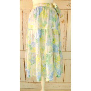Vintage pastel floral tiered peasant wrap skirt/green/yellow floral ruffle tiere